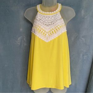 Lilly Pulitzer’s Dawn halter tank, yellow with gorgeous white lace detail